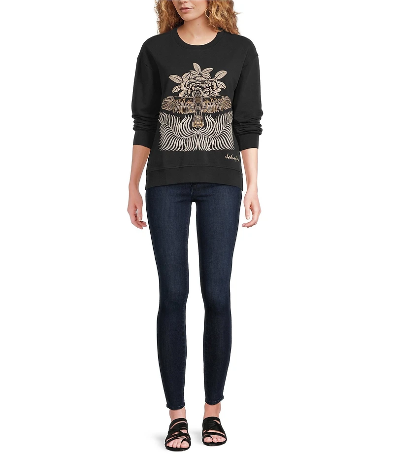 JOHNNY WAS Pajaro Bird and Floral Embroidered Crew Neck Long Sleeve Sweatshirt