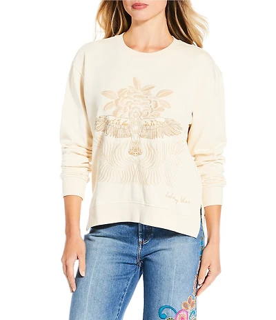 JOHNNY WAS Pajaro Bird and Floral Embroidered Crew Neck Long Sleeve Sweatshirt