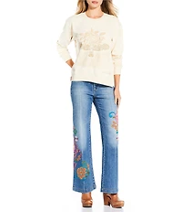 JOHNNY WAS Pajaro Bird and Floral Embroidered Crew Neck Long Sleeve Sweatshirt