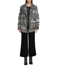 JOHNNY WAS Patchwork Fringe & Jewel Bead Detail Shawl Collar Long Sleeve Open-Front Jacket