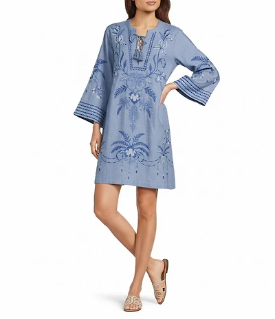 JOHNNY WAS Paulinna Placement Floral Embroidered Lightweight Denim Tassel-Tie V-Neck Kimono Sleeve Shift Dress