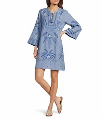 JOHNNY WAS Paulinna Placement Floral Embroidered Lightweight Denim Tassel-Tie V-Neck Kimono Sleeve Shift Dress