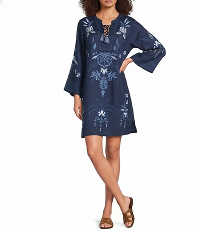 JOHNNY WAS Paulinna Placement Floral Embroidered Linen Tassel-Tie V-Neck Kimono Sleeve Shift Dress
