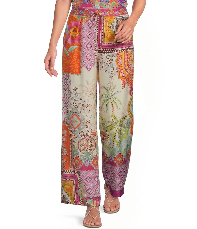 JOHNNY WAS Peggi Avelar Mixed Print Flat Front Elastic Waist Wide-Leg Pants