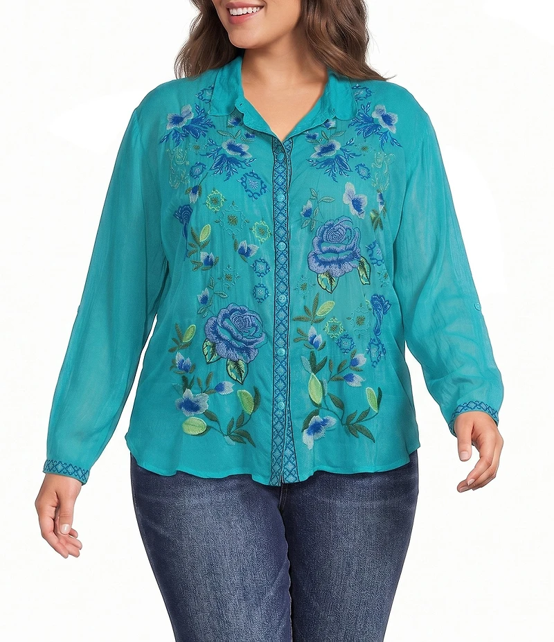JOHNNY WAS Plus Luisa Embroidered Notch Collar Long Sleeve Shirt