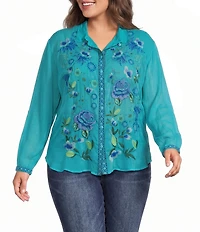 JOHNNY WAS Plus Luisa Embroidered Notch Collar Long Sleeve Shirt