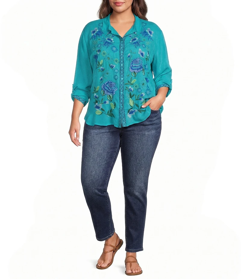 JOHNNY WAS Plus Luisa Embroidered Notch Collar Long Sleeve Shirt