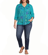 JOHNNY WAS Plus Luisa Embroidered Notch Collar Long Sleeve Shirt