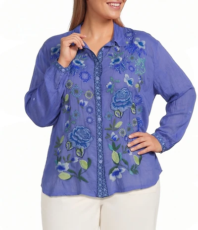 JOHNNY WAS Plus Luisa Embroidered Notch Collar Long Sleeve Shirt