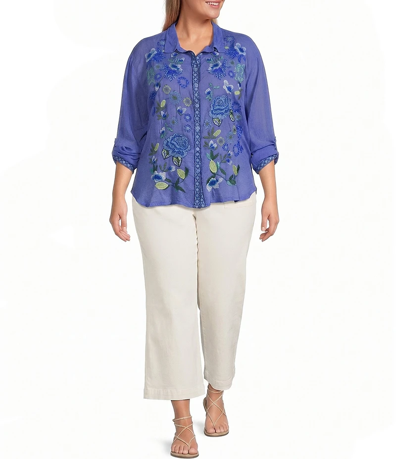 JOHNNY WAS Plus Luisa Embroidered Notch Collar Long Sleeve Shirt