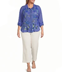 JOHNNY WAS Plus Luisa Embroidered Notch Collar Long Sleeve Shirt