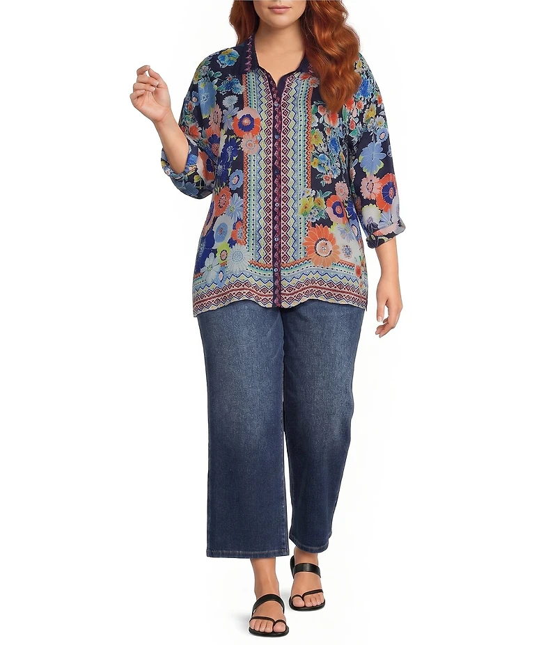 JOHNNY WAS Plus Size The Audrey Floral Scarf Print Silk Point Collar Long Sleeve Button-Front Shirt