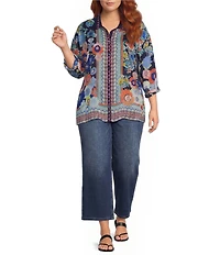 JOHNNY WAS Plus Size The Audrey Floral Scarf Print Silk Point Collar Long Sleeve Button-Front Shirt