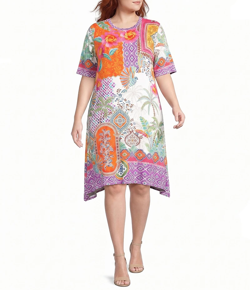 JOHNNY WAS Plus Size The Janie Favorite Avelar Mixed Print Crew Neck Elbow Sleeve Swing Dress