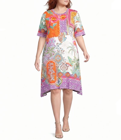 JOHNNY WAS Plus Size The Janie Favorite Avelar Mixed Print Crew Neck Elbow Sleeve Swing Dress