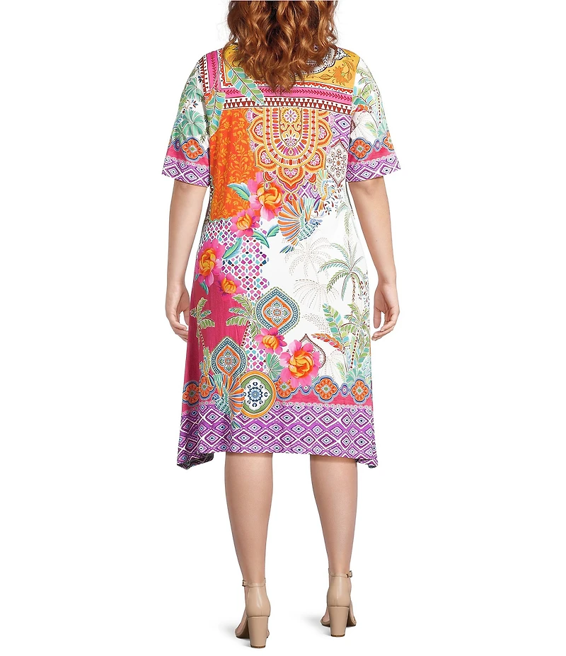 JOHNNY WAS Plus Size The Janie Favorite Avelar Mixed Print Crew Neck Elbow Sleeve Swing Dress