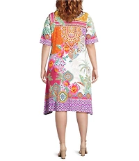 JOHNNY WAS Plus Size The Janie Favorite Avelar Mixed Print Crew Neck Elbow Sleeve Swing Dress