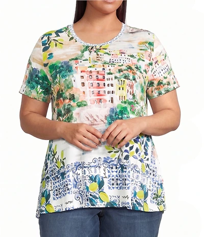 JOHNNY WAS Plus Size The Janie Favorite Olympe Scenic Scarf Print Crew Neck Short Sleeve Tee