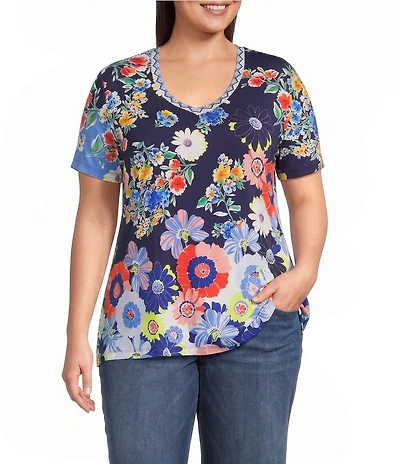 JOHNNY WAS Plus Size The Janie Favorite Tiana Floral Scarf Print V-Neck Short Sleeve Knit Tee