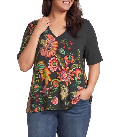 JOHNNY WAS Plus Size The Janie Favorite Valley Of The Fleurs Floral Print Knit V-Neck Short Sleeve Tee