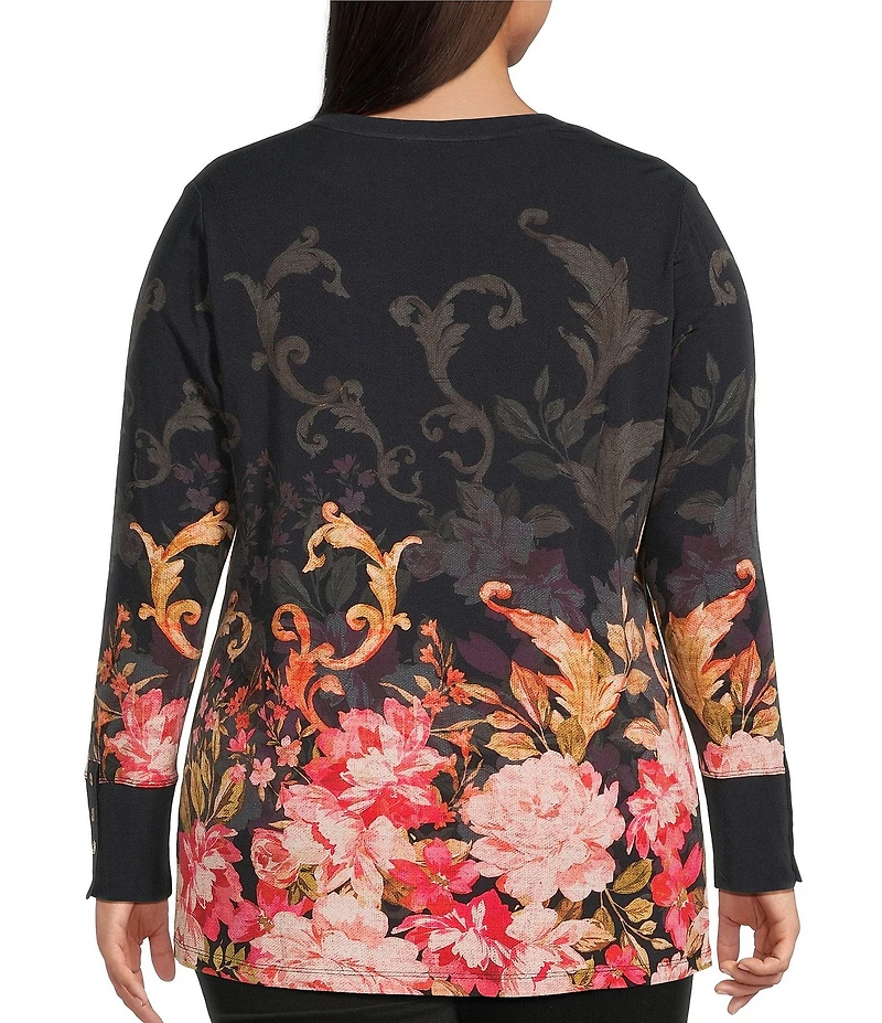 JOHNNY WAS Plus Size The Janie Favorited Printed Bamboo Knit V-Neck Long Sleeve Henley Tee