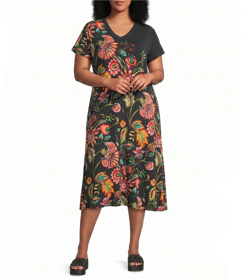 JOHNNY WAS Plus Tha Janie Favorite Valley Of The Fleurs Floral Print V-Neck Cap Sleeve Dress