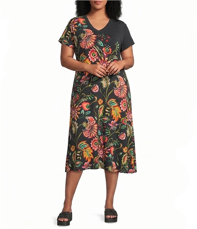 JOHNNY WAS Plus Tha Janie Favorite Valley Of The Fleurs Floral Print V-Neck Cap Sleeve Dress