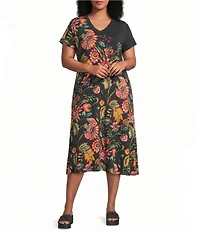 JOHNNY WAS Plus Tha Janie Favorite Valley Of The Fleurs Floral Print V-Neck Cap Sleeve Dress