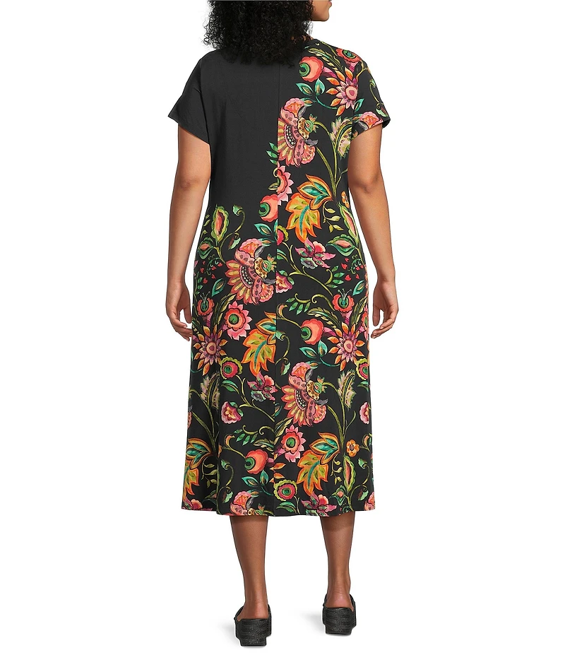 JOHNNY WAS Plus Tha Janie Favorite Valley Of The Fleurs Floral Print V-Neck Cap Sleeve Dress