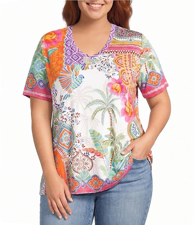 JOHNNY WAS Plus The Janie Favorite Avelar Mixed Print V-Neck Short Sleeve Swing Tee