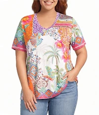 JOHNNY WAS Plus The Janie Favorite Avelar Mixed Print V-Neck Short Sleeve Swing Tee