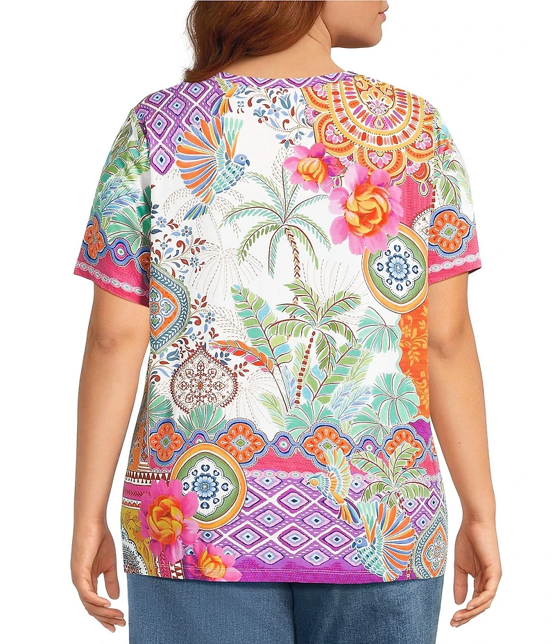 JOHNNY WAS Plus The Janie Favorite Avelar Mixed Print V-Neck Short Sleeve Swing Tee