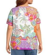 JOHNNY WAS Plus The Janie Favorite Avelar Mixed Print V-Neck Short Sleeve Swing Tee