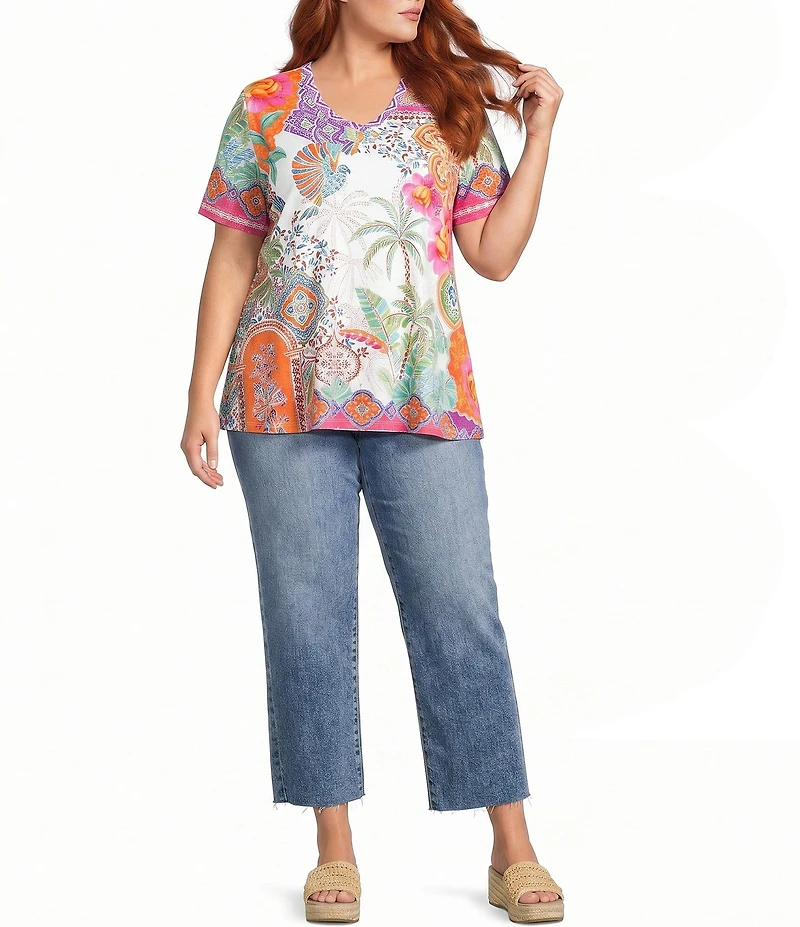JOHNNY WAS Plus The Janie Favorite Avelar Mixed Print V-Neck Short Sleeve Swing Tee