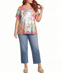 JOHNNY WAS Plus The Janie Favorite Avelar Mixed Print V-Neck Short Sleeve Swing Tee