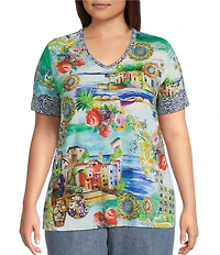 JOHNNY WAS Plus The Janie Favorite Scenic Print Knit V-Neck Short Sleeve Tee