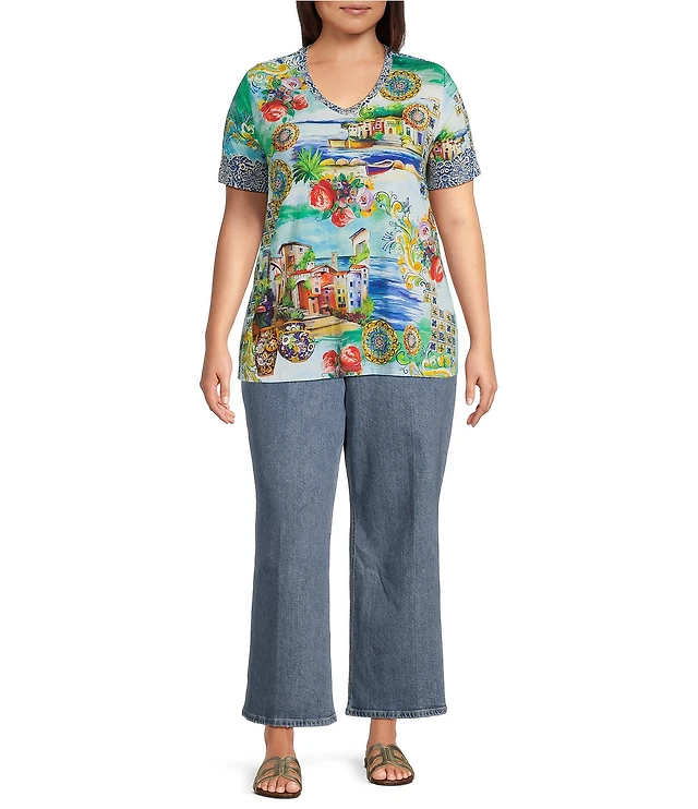 JOHNNY WAS Plus The Janie Favorite Scenic Print Knit V-Neck Short
