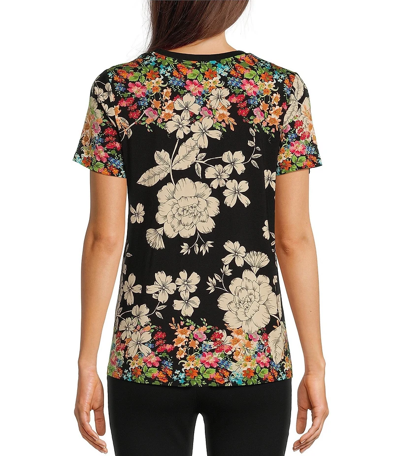 JOHNNY WAS Redland Favorite Bamboo Stretch Knit Floral Print V-Neck Short Sleeve Tee Shirt