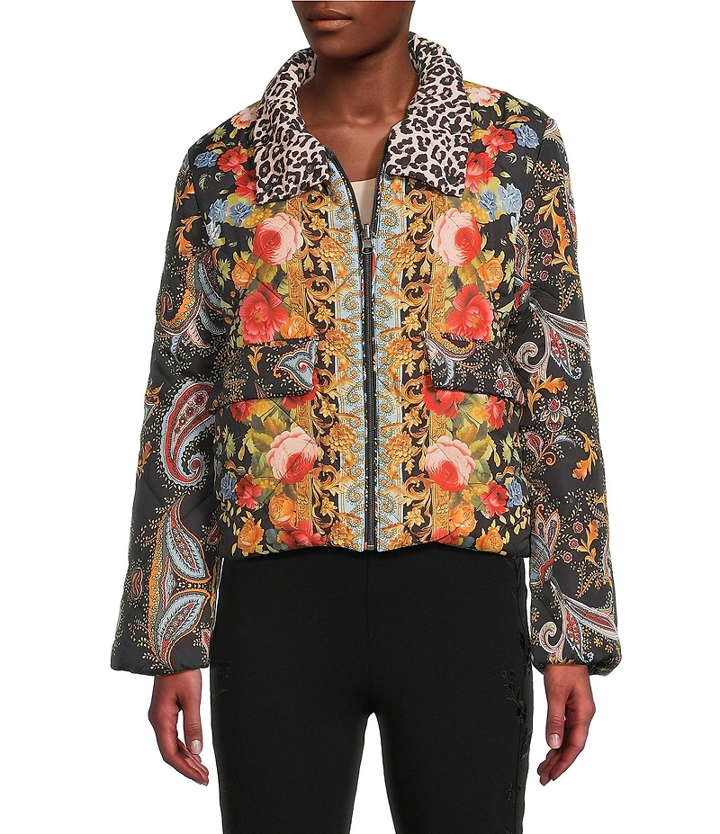 JOHNNY WAS Reversible Floral to Leopard Print Quilted Stand Collar Long Sleeve Cropped Puffer Jacket