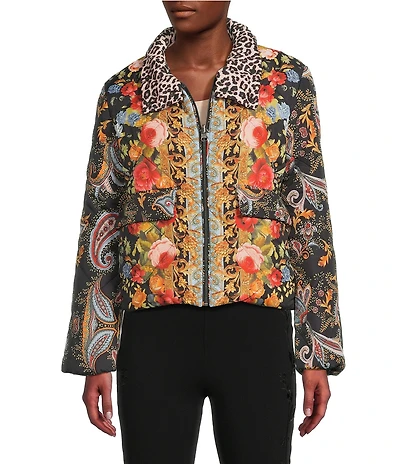 JOHNNY WAS Reversible Floral to Leopard Print Quilted Stand Collar Long Sleeve Cropped Puffer Jacket