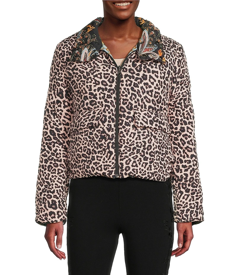 JOHNNY WAS Reversible Floral to Leopard Print Quilted Stand Collar Long Sleeve Cropped Puffer Jacket