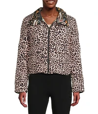 JOHNNY WAS Reversible Floral to Leopard Print Quilted Stand Collar Long Sleeve Cropped Puffer Jacket