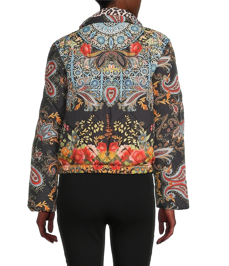 JOHNNY WAS Reversible Floral to Leopard Print Quilted Stand Collar Long Sleeve Cropped Puffer Jacket