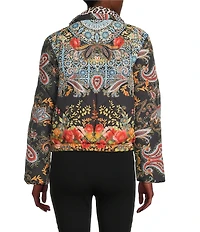 JOHNNY WAS Reversible Floral to Leopard Print Quilted Stand Collar Long Sleeve Cropped Puffer Jacket
