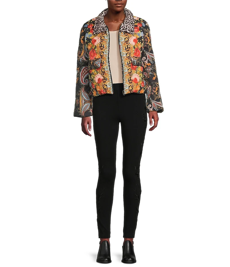 JOHNNY WAS Reversible Floral to Leopard Print Quilted Stand Collar Long Sleeve Cropped Puffer Jacket