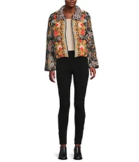 JOHNNY WAS Reversible Floral to Leopard Print Quilted Stand Collar Long Sleeve Cropped Puffer Jacket