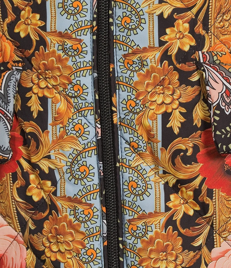 JOHNNY WAS Reversible Floral to Leopard Print Quilted Stand Collar Long Sleeve Cropped Puffer Jacket