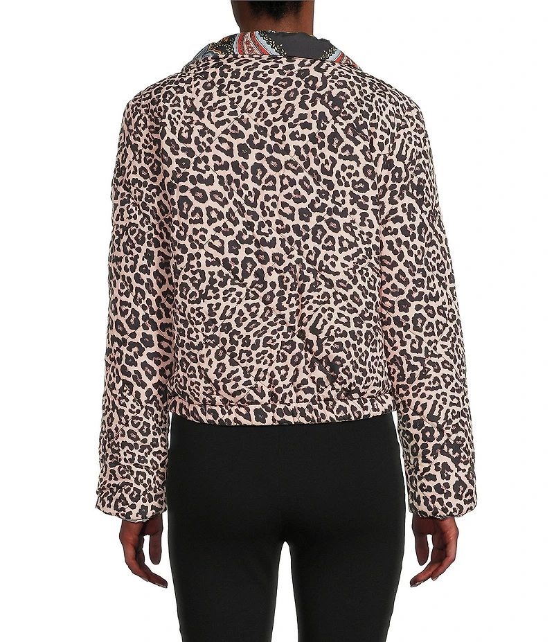 JOHNNY WAS Reversible Floral to Leopard Print Quilted Stand Collar Long Sleeve Cropped Puffer Jacket