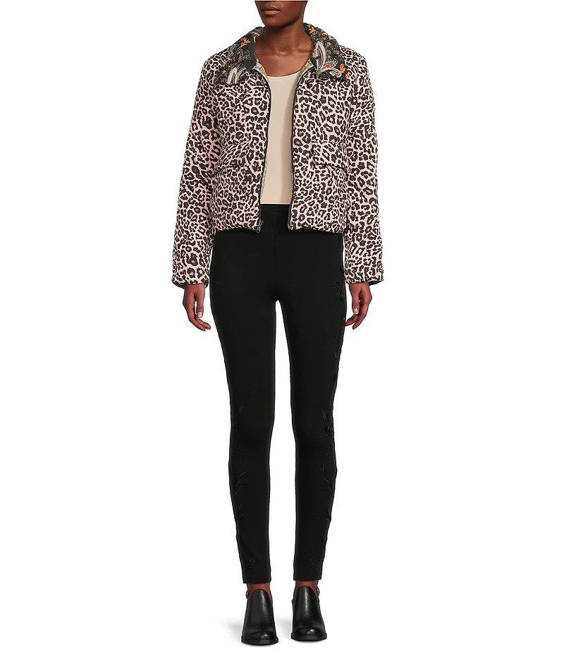 JOHNNY WAS Reversible Floral to Leopard Print Quilted Stand Collar Long Sleeve Cropped Puffer Jacket