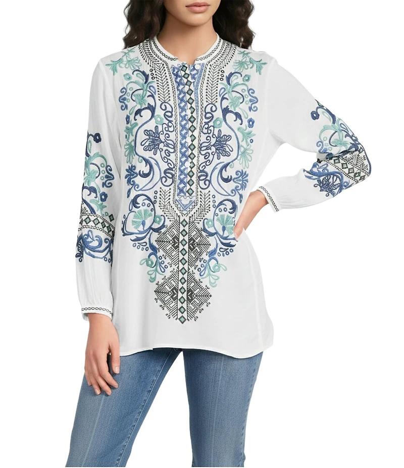 JOHNNY WAS Romilly Embroidered Scrolling Pattern Band Collar Button Half-Placket Long Sleeve Tunic